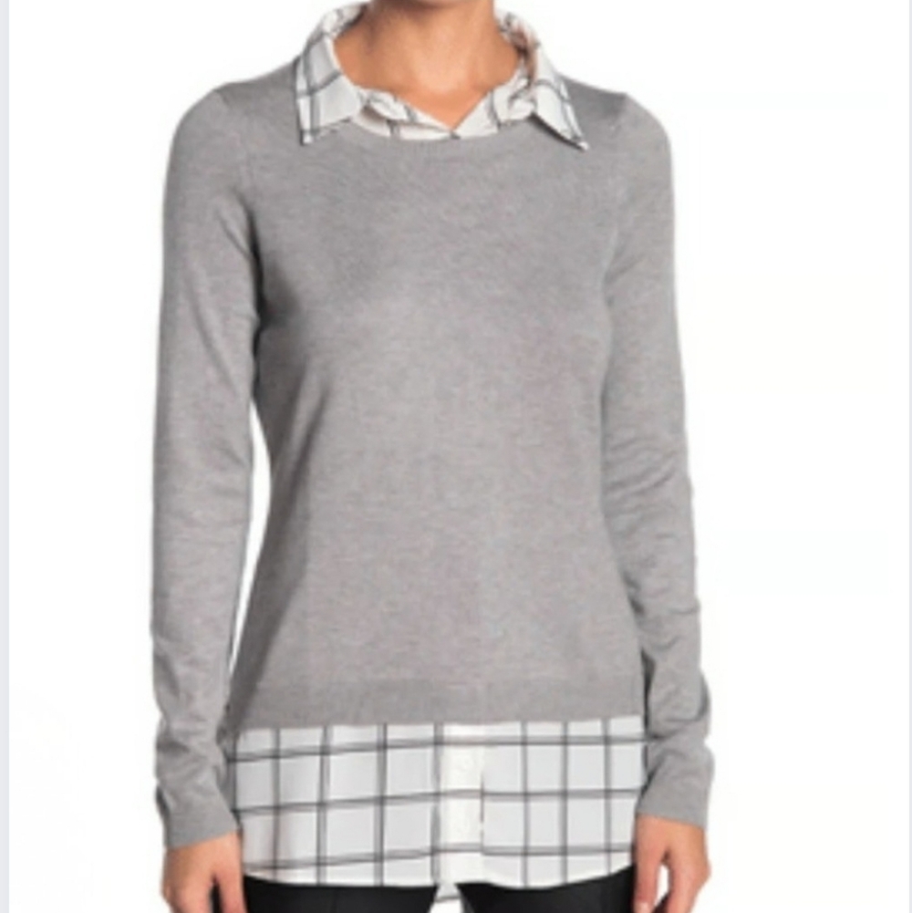 Adrianna Papell Gray Two-fer Sweater with Plaid Accent Size M Office CO-2138 - Picture 2 of 9